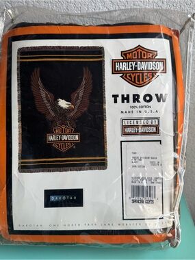 Harley-Davidson Eagle Black and Orange Logo Woven Cotton Knit Throw Dakotah New